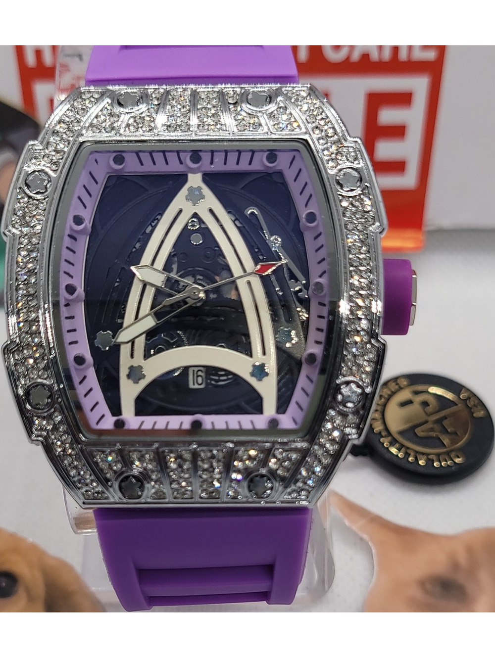 418 aj luxury tonneau purple silicone strap diamond bezel skeleton dial wristw